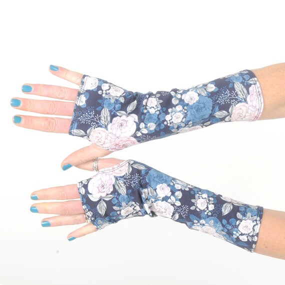 Blue Cotton Jersey Fingerless Gloves With Floral Print MALAM Womens Accessories Etsy UK