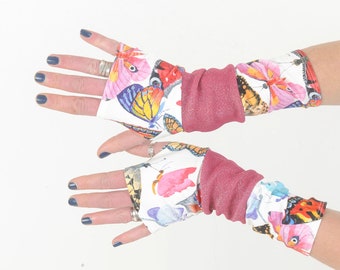 White and pink colorful armwarmers in a patchwork of printed jerseys, Womens accessories, MALAM