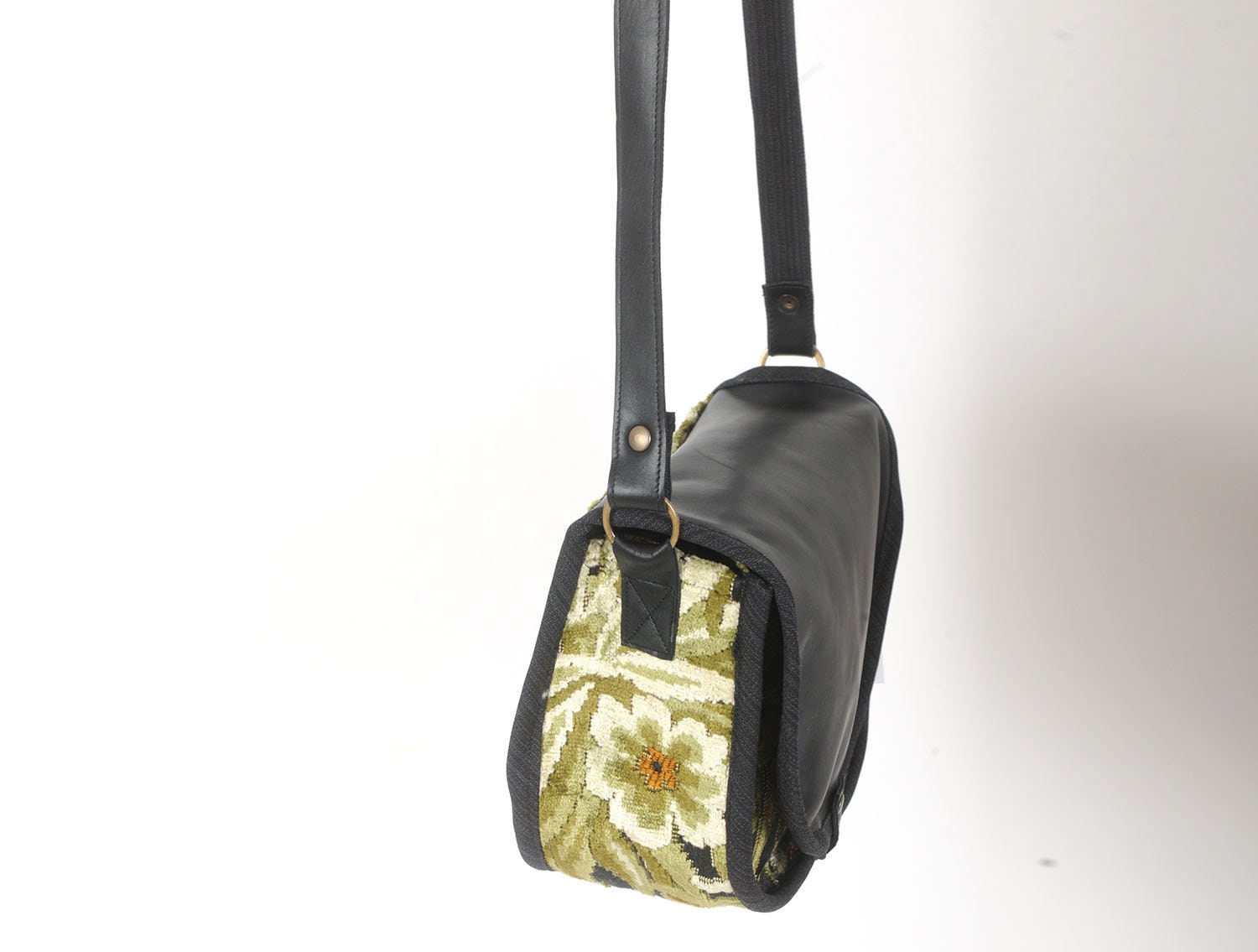 Leather and Fabric Crossbody Purse, Green and Black Floral