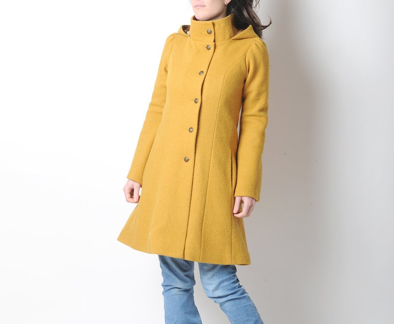 Manteau jaune moutarde à capuche lutin MALAM , Manteau d'hiver en laine vierge, Votre Taille, Mode hivernale image 4