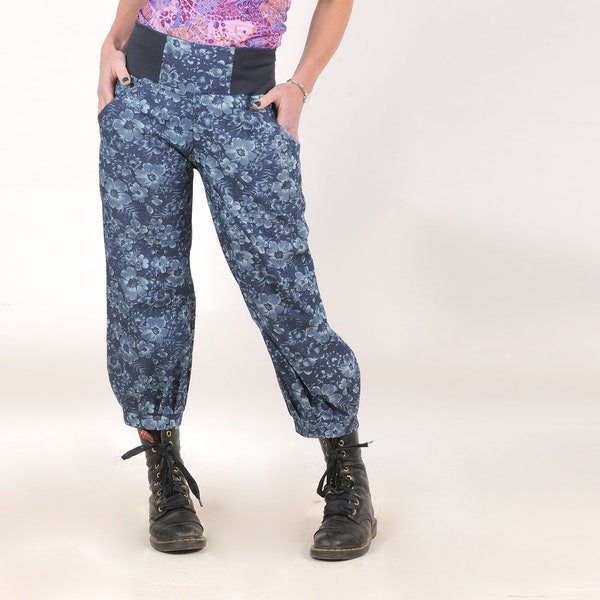 Pantalon femme 4/5 bleu fleuri à ceinture extensible, jean léger stretch, pantalon bouffant, taille XS, S, M, L