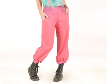 Bright pink womens pants with stretchy belt, women's summer ankle length puffy trousers, Size M