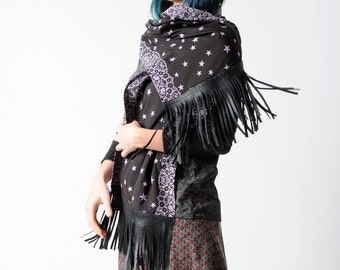 Echarpe longue, étoiles et dentelle, franges cuir, noir et violet, MALAM, Accessoires femme