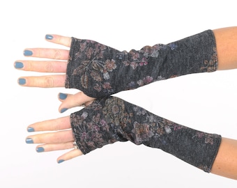 Dark grey floral fingerless gloves, Womens accessories, Gift for her, Winter fashion, MALAM