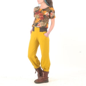 Mustard yellow womens pants with stretchy belt, women&#39;s spring summer ankle length puffy trousers, elastic waist Size XS, S, M, L
