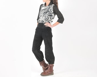 Black corduroy capri pants with stretchy belt, women's winter ankle length puffy trousers, Size XS, S, M, L