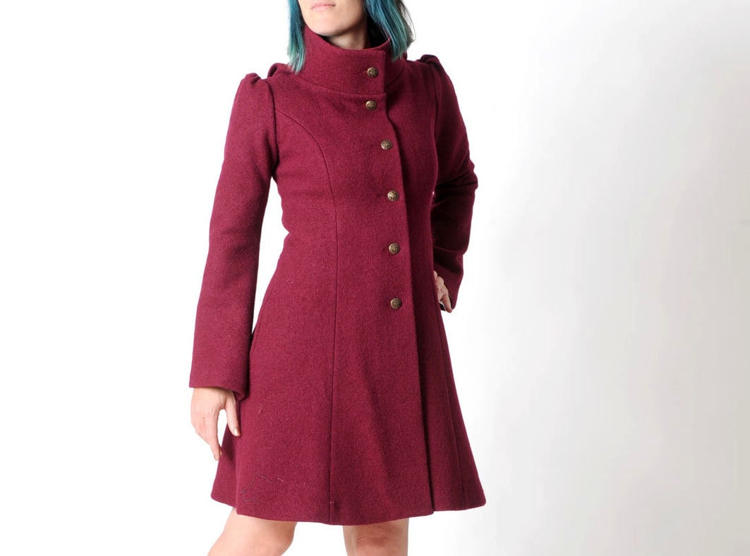 Raspberry red wool coat Dark pink womens coat with pixie Etsy
