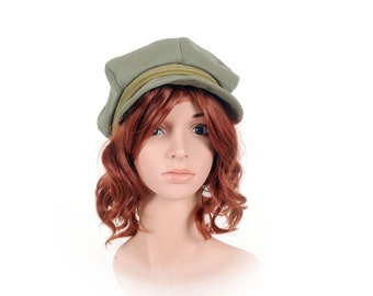 Khaki green newsboys cap, Womens linen cap hat, MALAM, Women hats with brim, size 58 cm