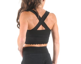 Stretchy black cotton crop top with crossed straps, sleeveless top, MALAM, Any size