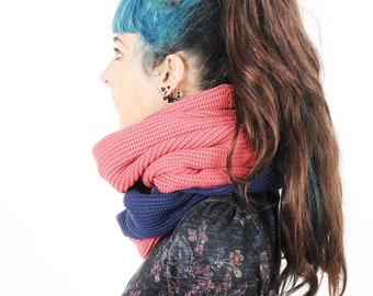 Blue and rosewood pink snood, wide knit cowl, Fall winter accessory, Gift for her, Statement scarf, MALAM