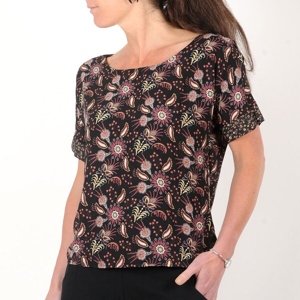 Womens floral blouse, pink and navy blue floral top, Supple shirt, MALAM, size UK 10 or Your size