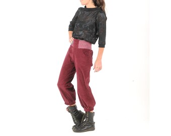 Crimson red corduroy pants with stretchy belt, women's winter ankle length puffy trousers, Size S