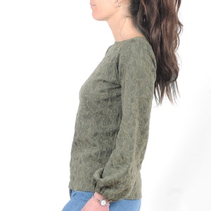 Khaki green sweater with puffy sleeves in textured jersey, Womens clothing, Fall fashion, MALAM image 2