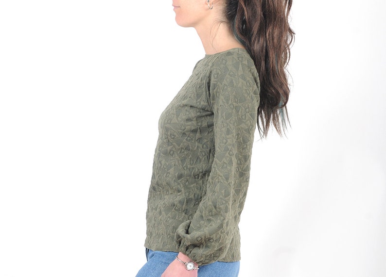 Khaki green sweater with puffy sleeves in textured jersey, Womens clothing, Fall fashion, MALAM image 2