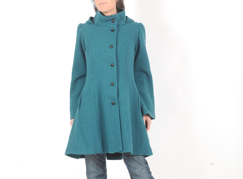 Womens green-blue winter wool coat, Hooded feminine wool coat with flared sleeves, MALAM, Any size image 3