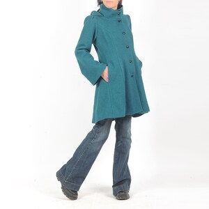 Womens green-blue winter wool coat, Hooded feminine wool coat with flared sleeves, MALAM, Any size image 4