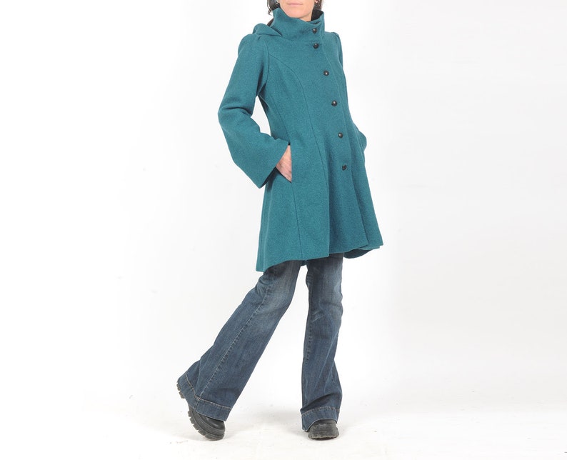 Womens green-blue winter wool coat, Hooded feminine wool coat with flared sleeves, MALAM, Any size image 4