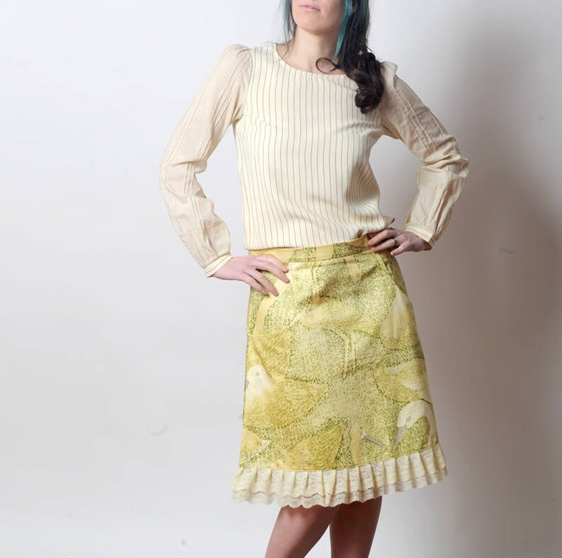 Yellow and green trapeze skirt with duck print and wide lace ruffles size UK 12 US 8 or Any Size Womens clothing MALAM