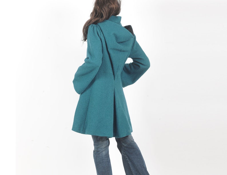 Womens green-blue winter wool coat, Hooded feminine wool coat with flared sleeves, MALAM, Any size image 2