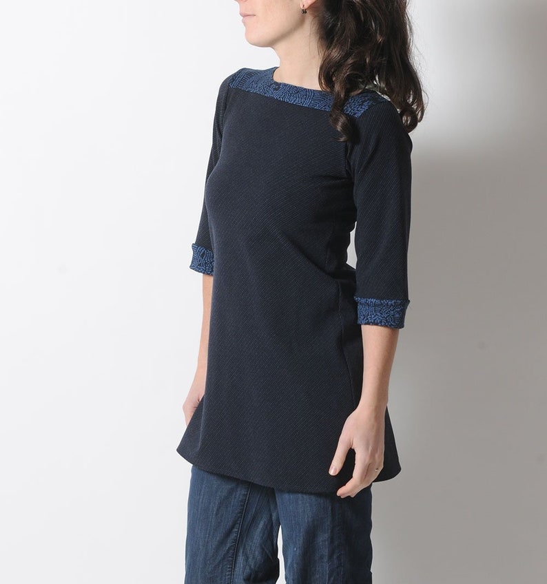 Navy blue tunic or short dress, bias striped jersey tunic, Womens clothing, MALAM, Any size Navy blue tunic or short dress, bias striped jersey tunic, Womens clothing, MALAM, Any size