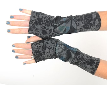 Printed fingerless gloves, floral and abstract dark grey, black and blue arm warmers, MALAM, fall fashion