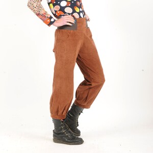 Chestnut brown corduroy pants with stretchy belt, women's fall winter ankle length puffy trousers, Size XS, S, M, L image 5