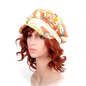 Berretto estivo da strillone con patchwork floreale, cotone beige e arancione, MALAM, cappelli da donna con visiera, 55 cm