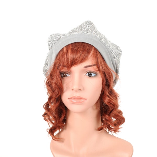 Béret de printemps, tweed gris et argenté, Accessoires femme, MALAM