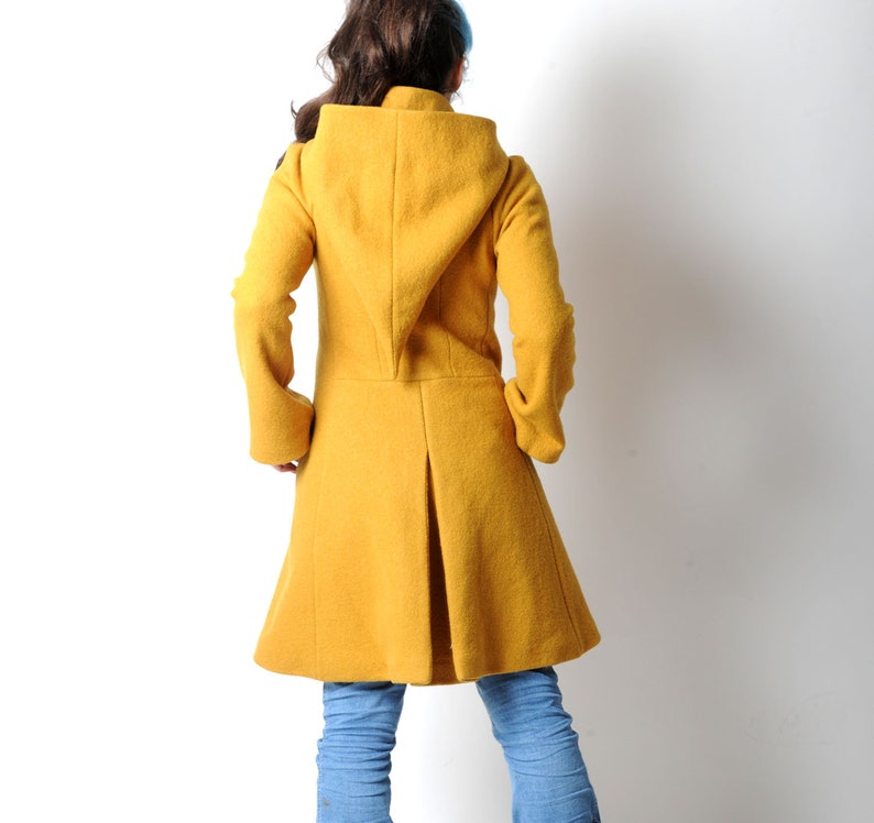 Manteau jaune moutarde à capuche lutin MALAM , Manteau d'hiver en laine vierge, Votre Taille, Mode hivernale image 2