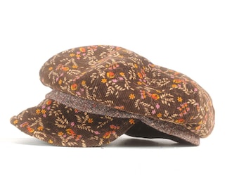 Casquette gavroche rétro, velours marron fleuri vintage, Chapeaux femme 56 cm , MALAM