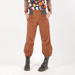 Chestnut brown corduroy pants with stretchy belt, women's fall winter ankle length puffy trousers, Size XS, S, M, L image 3