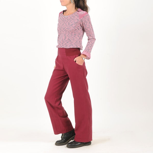 Pantalon large femme rouge bordeaux à ceinture extensible, pantalon élégant MALAM, taille XS, S, M, L ou autre