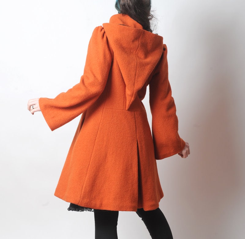 Hooded Orange Wool Coat, Orange Womens Coat With Pixie Hood