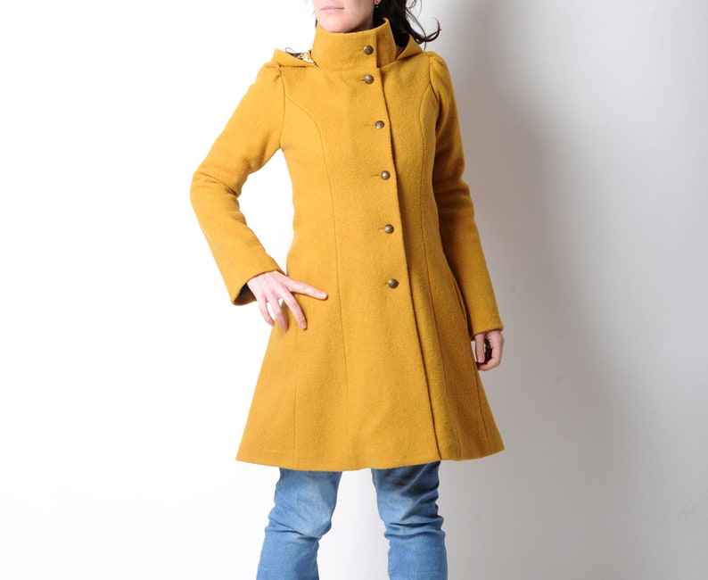 Manteau jaune moutarde à capuche lutin MALAM , Manteau d'hiver en laine vierge, Votre Taille, Mode hivernale image 1