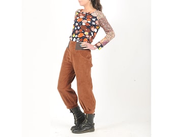 Chestnut brown corduroy pants with stretchy belt, women's fall winter ankle length puffy trousers, Size XS, S, M, L