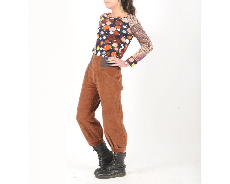 Chestnut brown corduroy pants with stretchy belt, women's fall winter ankle length puffy trousers, Size XS, S, M, L image 1