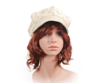 Beige linen newsboy cap hat, floral embroideries, 57 cm