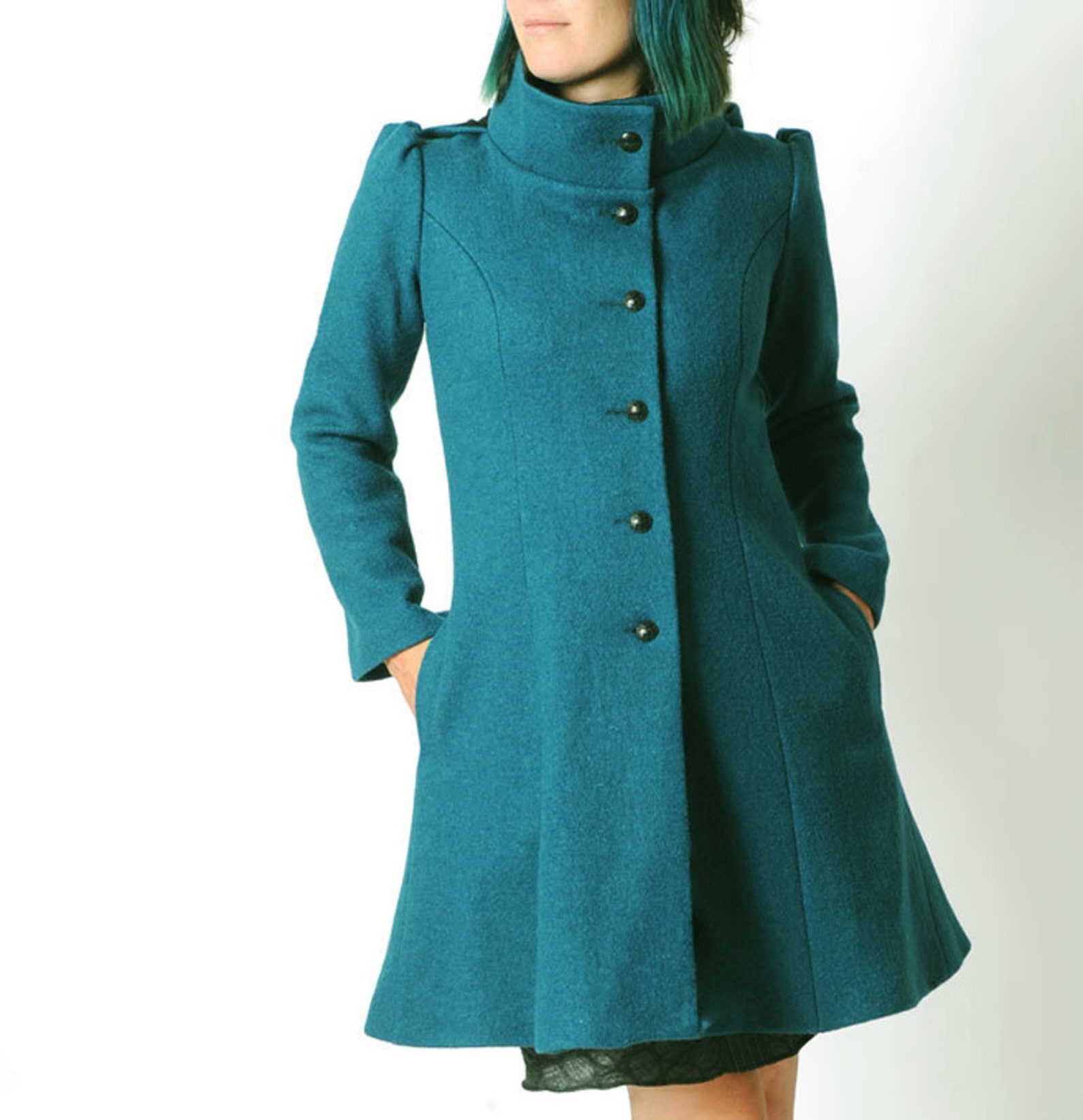 Womens teal blue winter wool coat Hooded feminine wool coat | Etsy