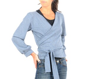Striped wrap cardigan, blue and glittery grey, puffy sleeves, MALAM, Any size