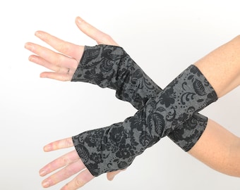 Black and grey fingerless gloves with floral print, Womens accessories, Gift for her, Fall fashion, MALAM