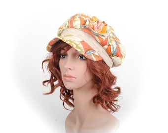 Floral cotton cap, beige and orange patchwork newsboys cap with fabric flower, MALAM, Womens accessories, Womens hats with brim, 55cm