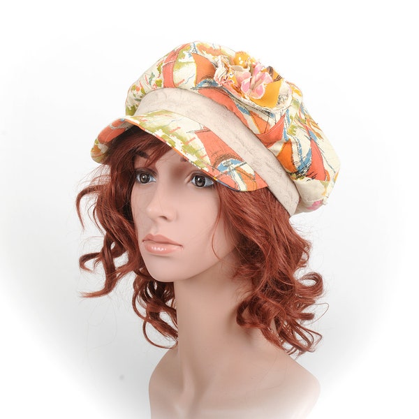 Casquette gavroche en patchwork beige, rose et orange, Fleur, Chapeaux femme, MALAM, 55 cm