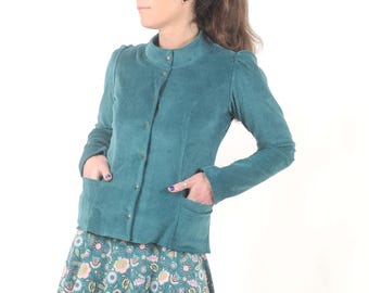 Veste femme velours côtelé bleu canard stretch à petit col, veste colorée printemps, MALAM, Toutes tailles