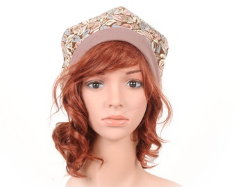 Floral beret, Dusty pink, taupe and blue tam hat, vintage printed babycord, MALAM