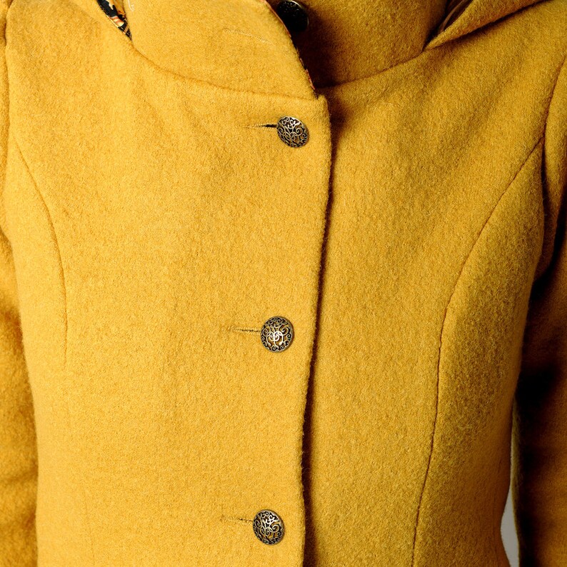 Manteau jaune moutarde à capuche lutin MALAM , Manteau d'hiver en laine vierge, Votre Taille, Mode hivernale image 5