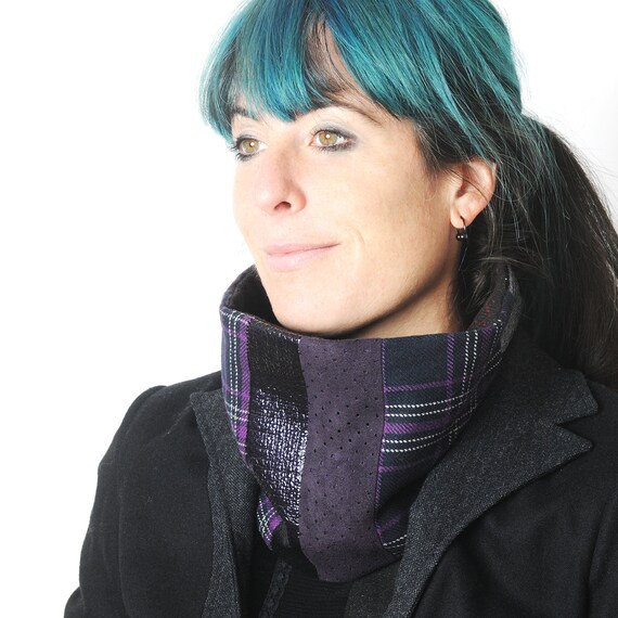 Purple Cowl Scarf Shiny And Plaid Patchwork Snood Cyber Etsy