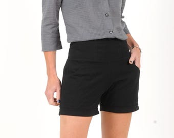 Short Femme Artisanal Coton Lavé Noir, Ceinture Extensible, MLALAM, toutes tailles