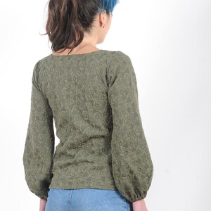 Khaki green sweater with puffy sleeves in textured jersey, Womens clothing, Fall fashion, MALAM image 3