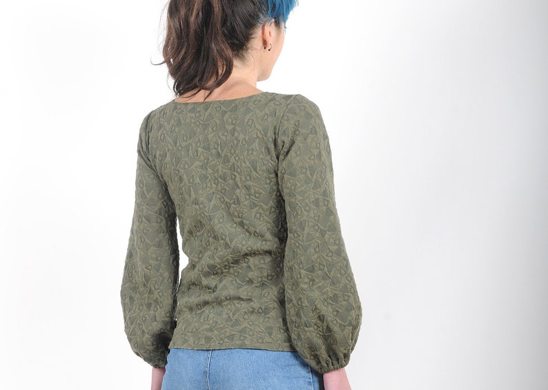 Khaki green sweater with puffy sleeves in textured jersey, Womens clothing, Fall fashion, MALAM image 3