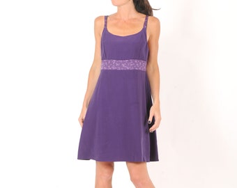 Short purple summer dress with straps, floral details, MALAM, size UK 14